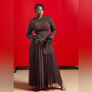 Elegant Brown Women's Skirt and Blazer Set